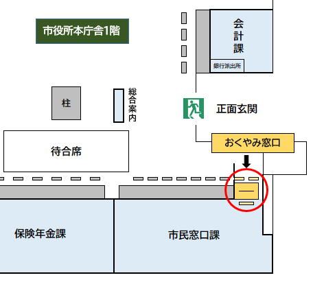 フロアマップ（おくやみ窓口位置図）。書面玄関を入って左・市民窓口課カウンター奥が「おくやみ窓口」です。